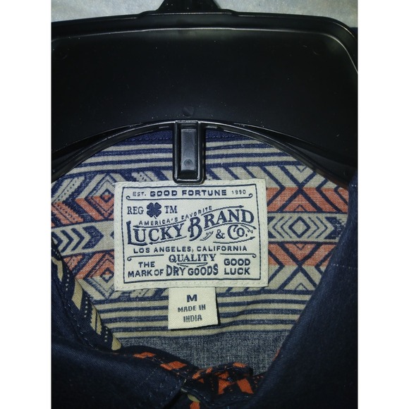 Lucky Brand Men's Navy Beige Orange Aztec Print Pearl Snap Stretch Shirt Medium - Picture 10 of 10